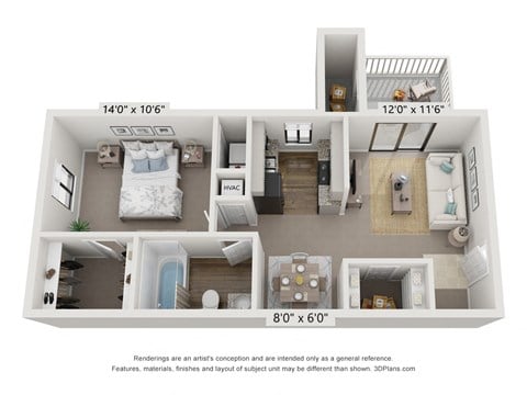 Floor plan for 1 bed, 1 bath, 720 sqft